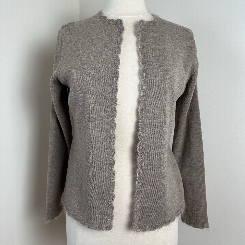 Rickie Freeman Teri Jon Knitwear Womens Medium Tan Wool Cardigan Knitted Trim